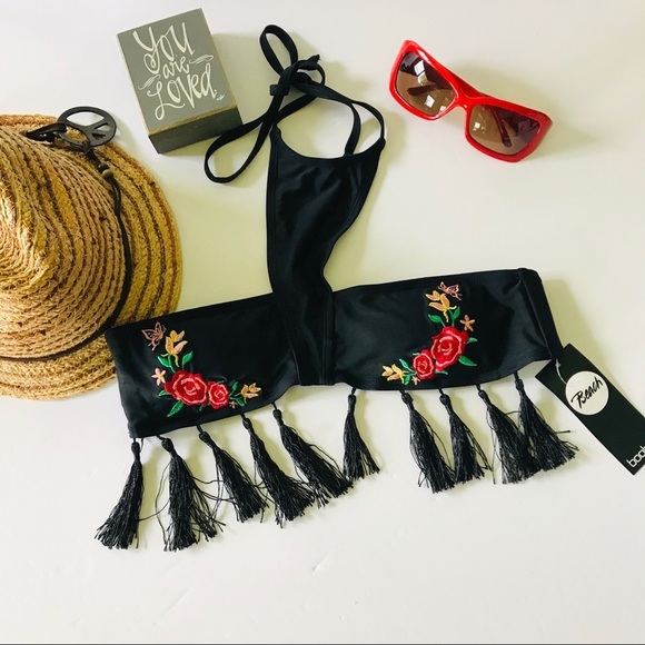 3/$30 Boohoo Beach Embroidered Tassel Bikini Top - Picture 2 of 5